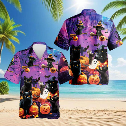 Black Cat Pumpkin Hawaiian Shirt for Men, Button Down Aloha Shirt - Azhawaiian