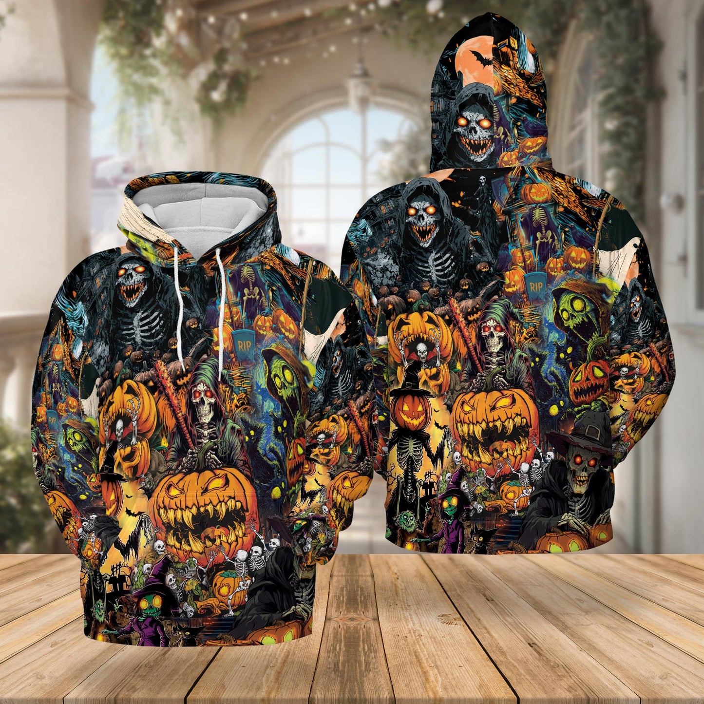 Spooky Skeleton Halloween All Over Print Hoodie, Pumpkin Graphic Design