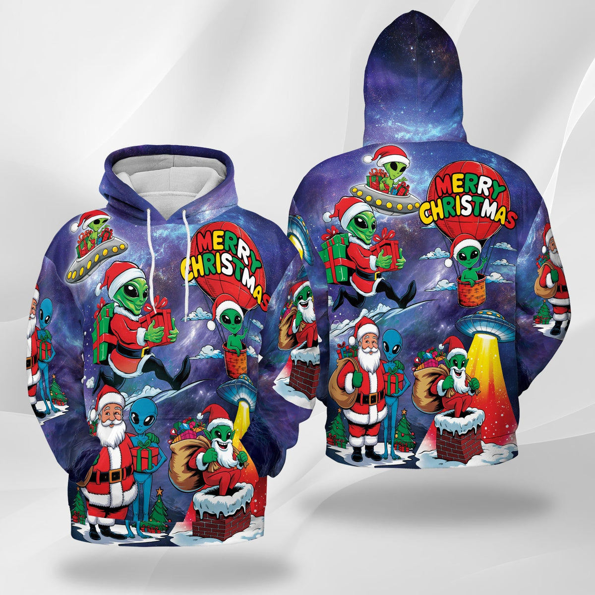 Alien Santa Claus Christmas All Over Print Hoodie, Graphic Design Galaxy Space