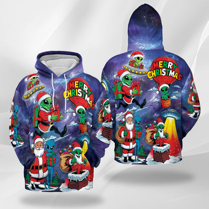 Alien Santa Claus Christmas All Over Print Hoodie, Graphic Design Galaxy Space