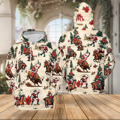 Cowboy Santa Claus All Over Print Hoodie, Western Rodeo Graphic Design