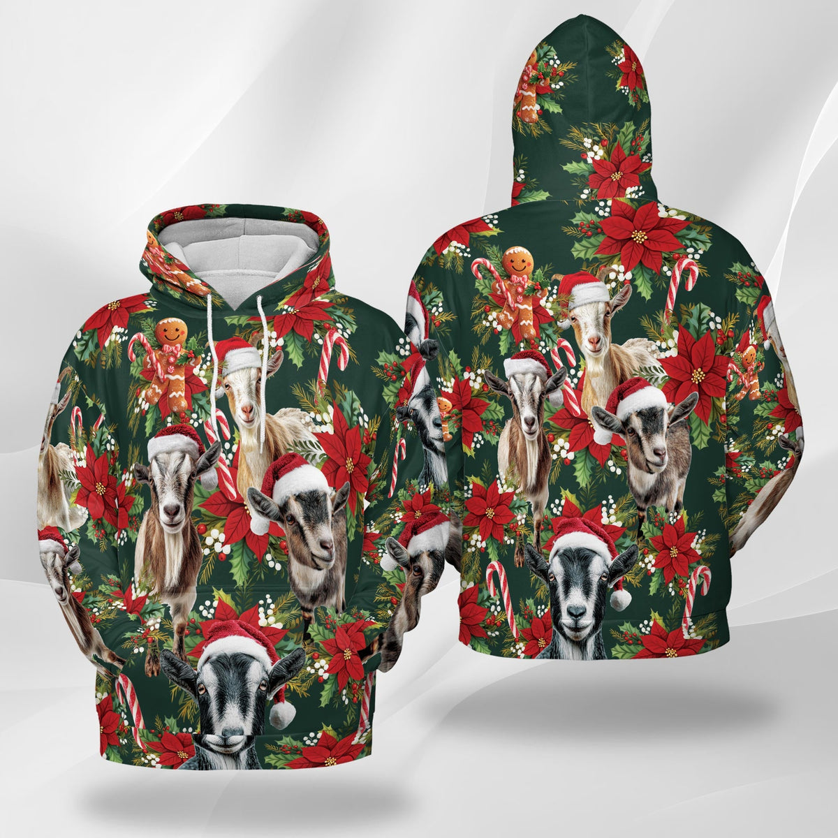 Funny Goat Christmas All Over Print Hoodie, Farm Animal Holiday Graphic Design