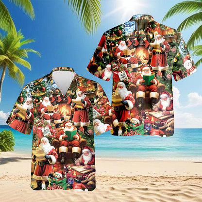 Santa Claus Reading Book Christmas Hawaiian Shirt for Men, Button Down Aloha Shirt - Azhawaiian