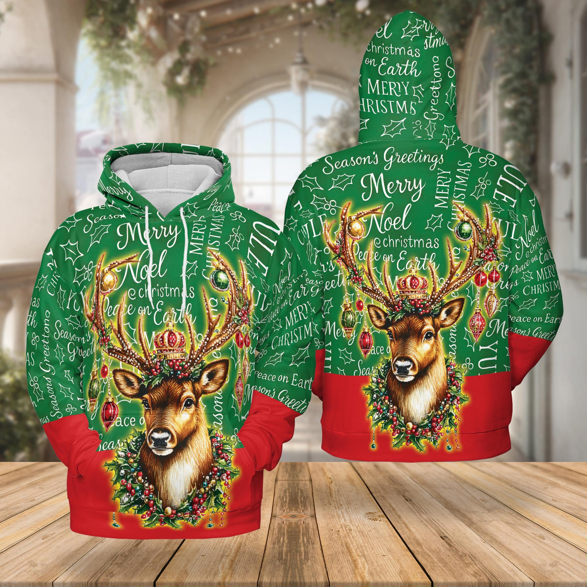 Reindeer Christmas All Over Print Hoodie, Funny Holiday Graphic Design