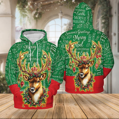 Reindeer Christmas All Over Print Hoodie, Funny Holiday Graphic Design