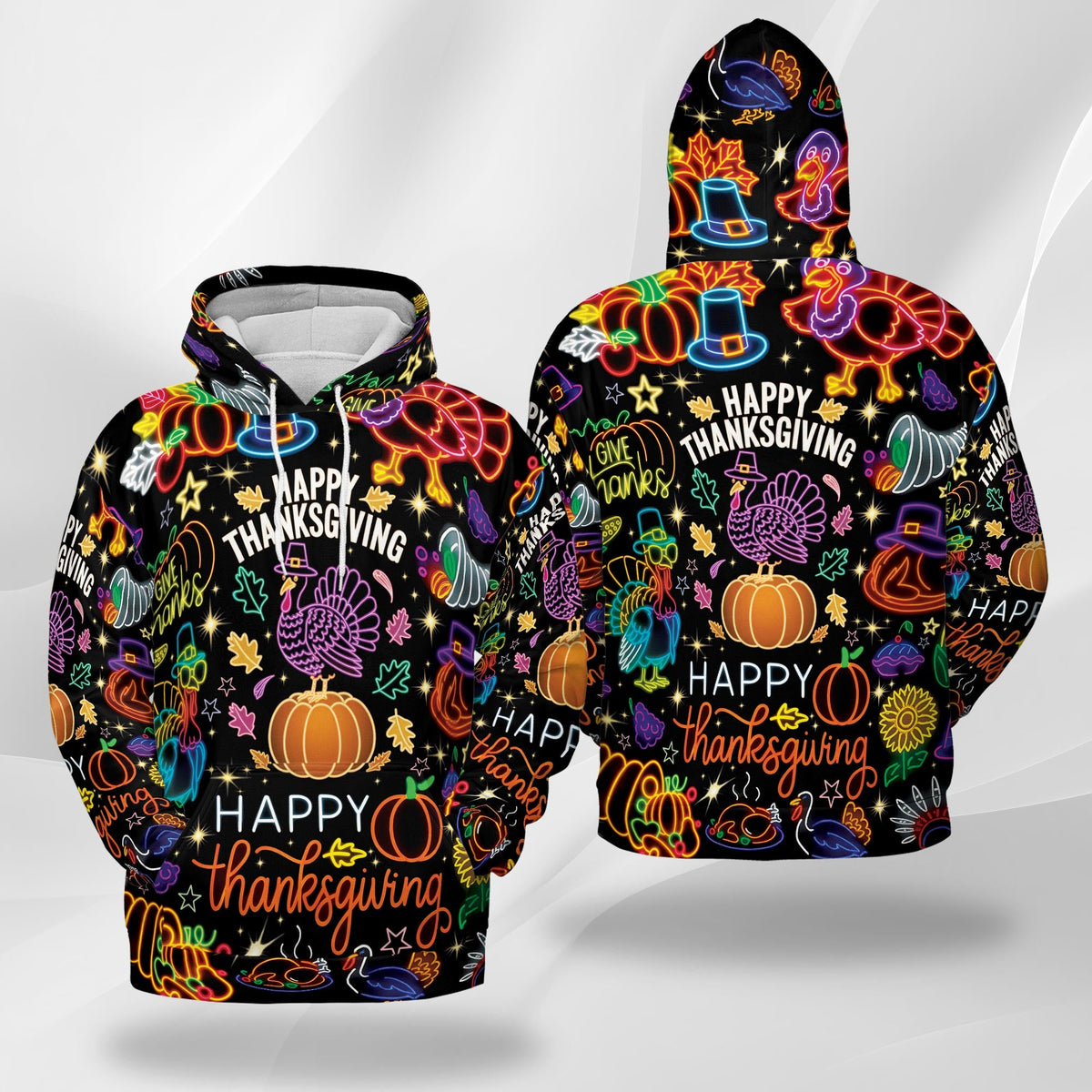 Neon Thanksgiving All Over Print Hoodie, Happy Turkey Day Graphic Design