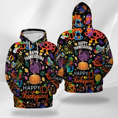 Neon Thanksgiving All Over Print Hoodie, Happy Turkey Day Graphic Design