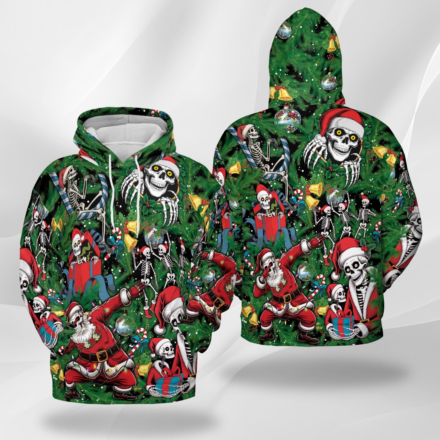 Skeleton Santa Claus Christmas All Over Print Hoodie, Funny Skull Graphic Design