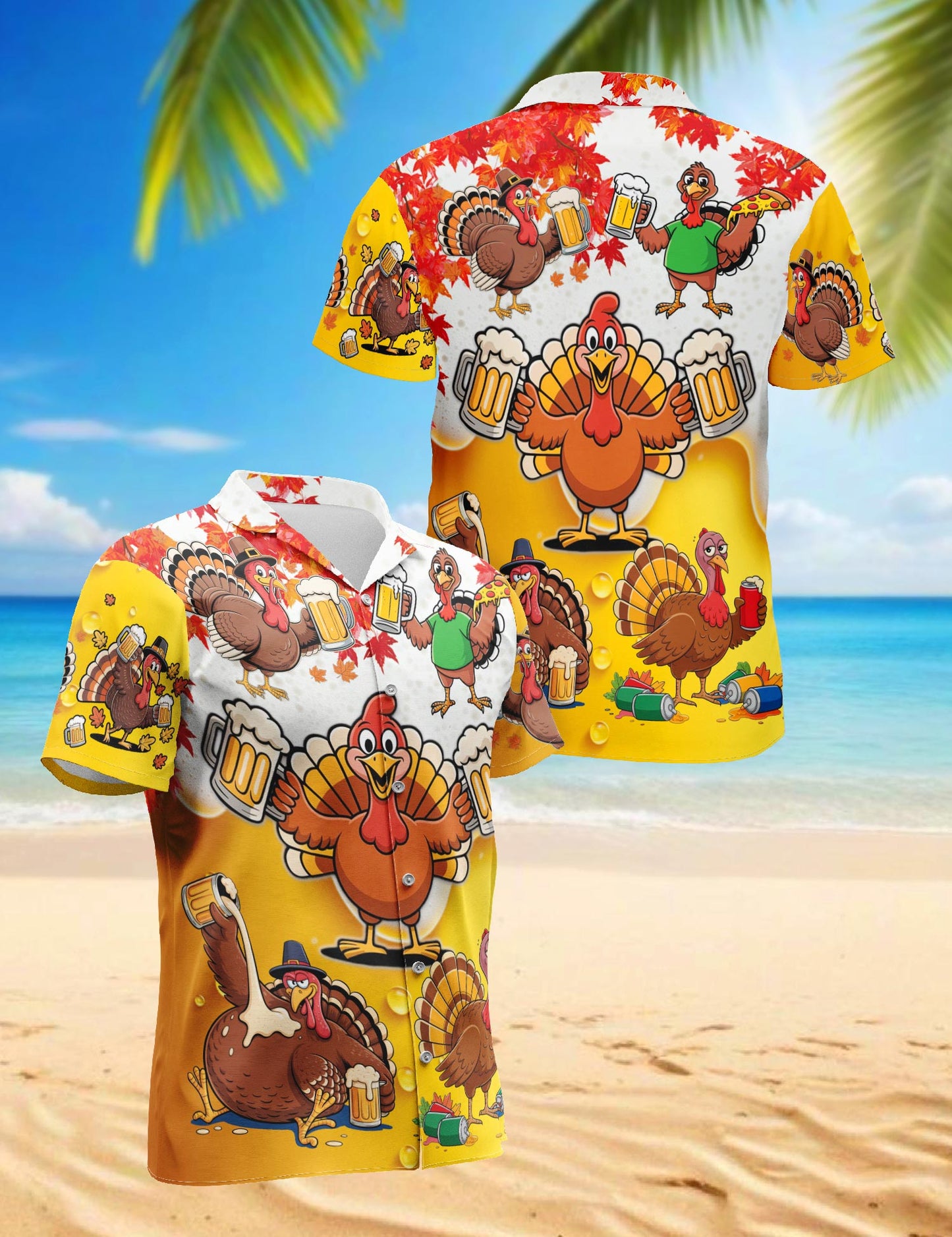 Funny Drunk Turkey Thanksgiving Hawaiian Shirt for Men, Button Down Aloha Shirt - Azhawaiian