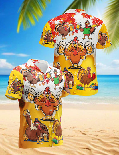 Funny Drunk Turkey Thanksgiving Hawaiian Shirt for Men, Button Down Aloha Shirt - Azhawaiian