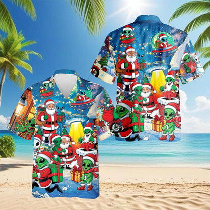 Alien and Santa Claus Christmas Hawaiian Shirt for Men, Button Down Aloha Shirt - Azhawaiian