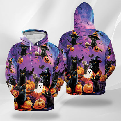 Black Cat Pumpkin Halloween All Over Print Hoodie, Graphic Design Animal Ghost