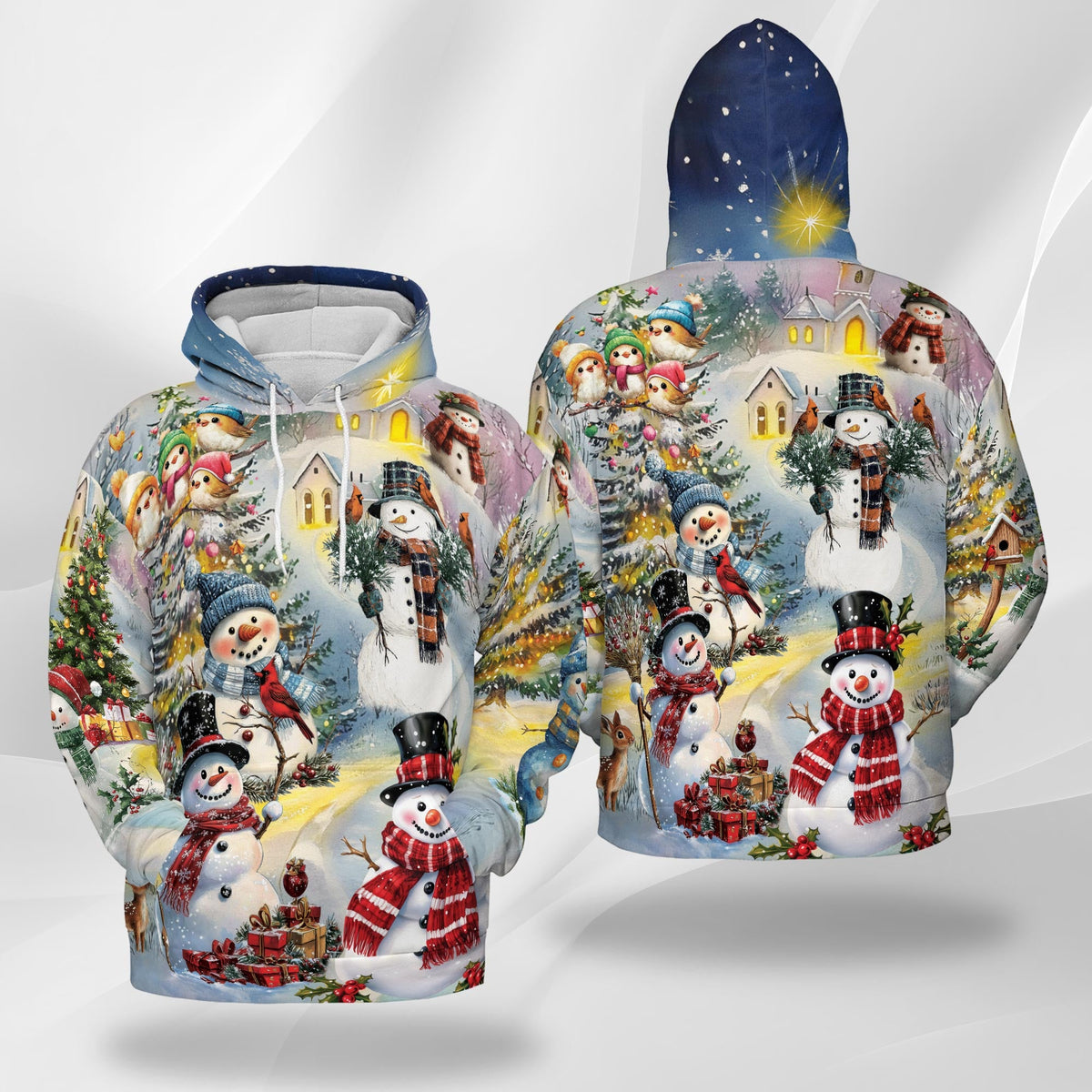 Snowman Christmas All Over Print Hoodie, Graphic Design Winter Snow Tree