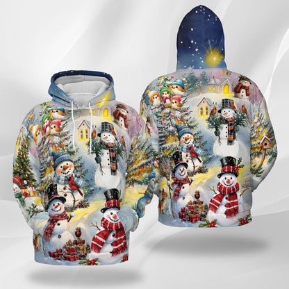 Snowman Christmas All Over Print Hoodie, Graphic Design Winter Snow Tree
