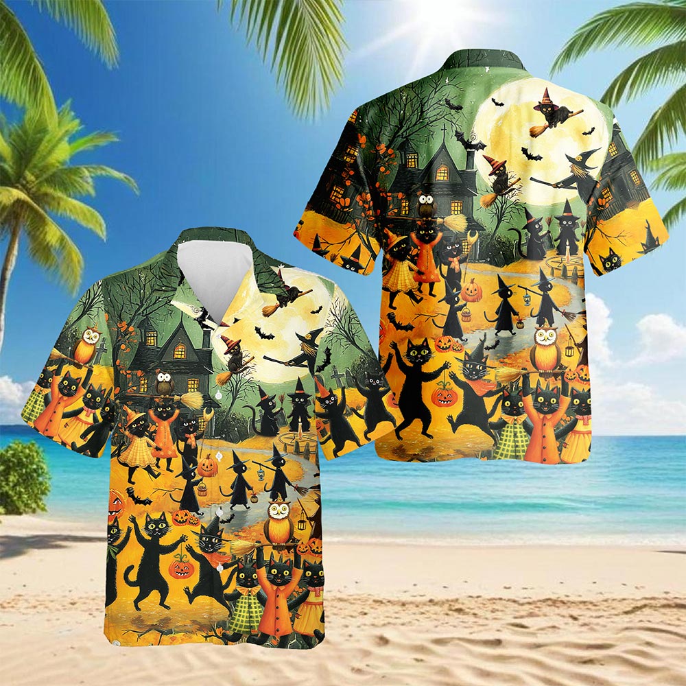 Black Cat Hawaiian Shirt for Men, Button Down Aloha Shirt - Azhawaiian