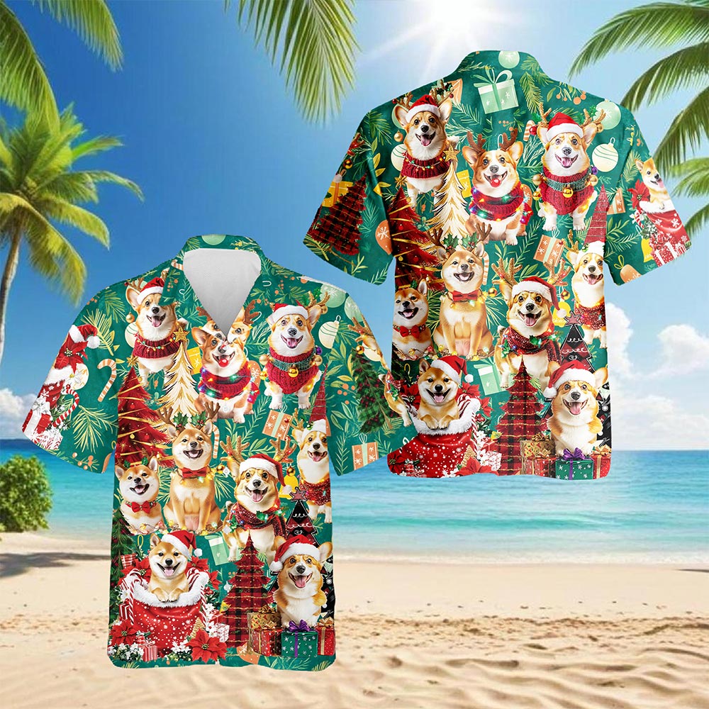 Christmas Corgi Hawaiian Shirt for Men, Button Down Aloha Shirt - Azhawaiian