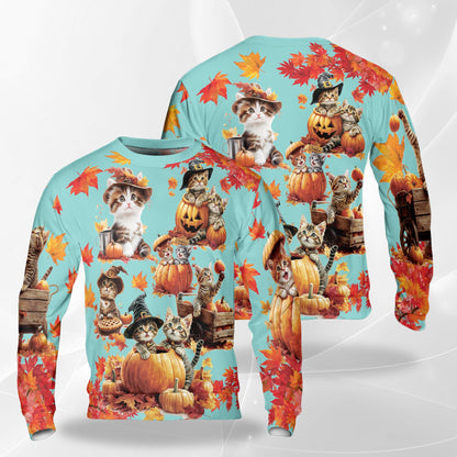 Thanksgiving Pumpkin Cat Sweatshirt – Colorful Graphic 3D All Over Print Design