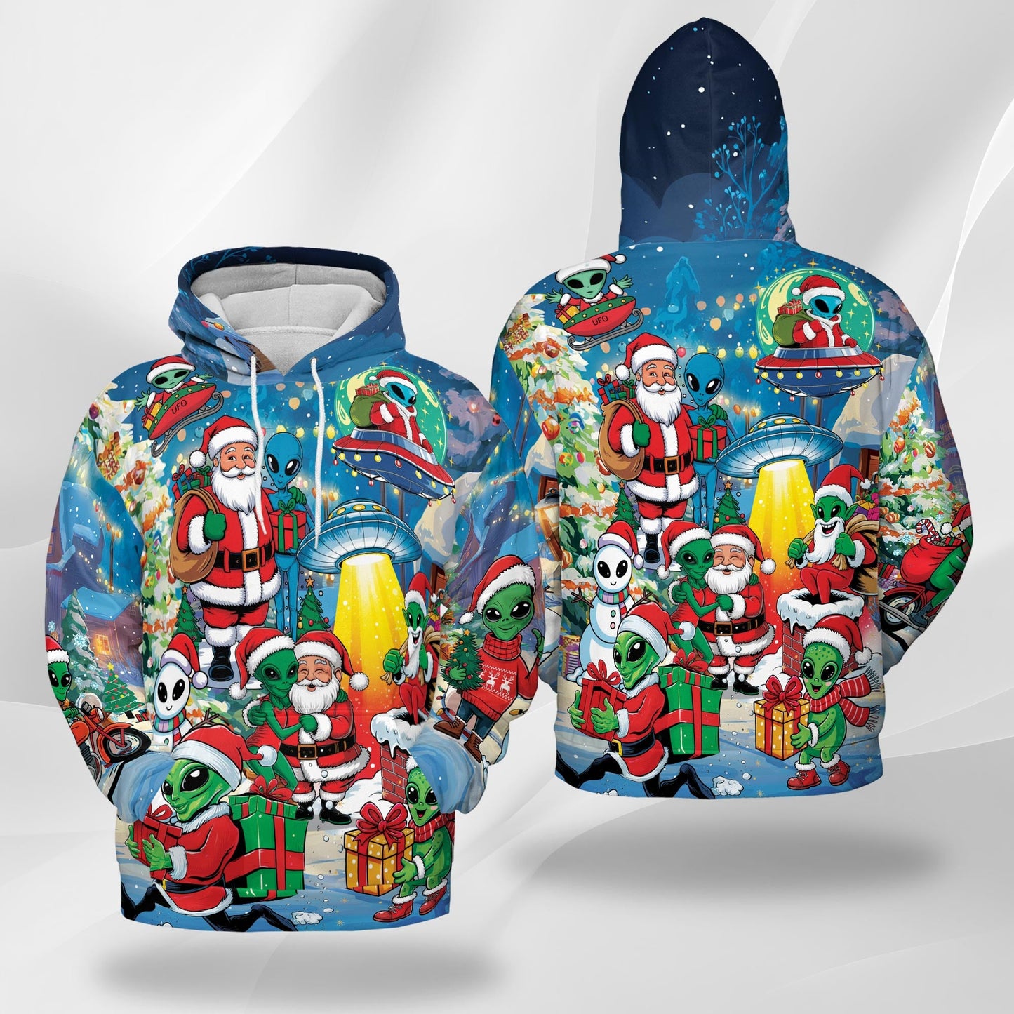 Alien and Santa Claus Christmas All Over Print Hoodie, Funny UFO Graphic Design