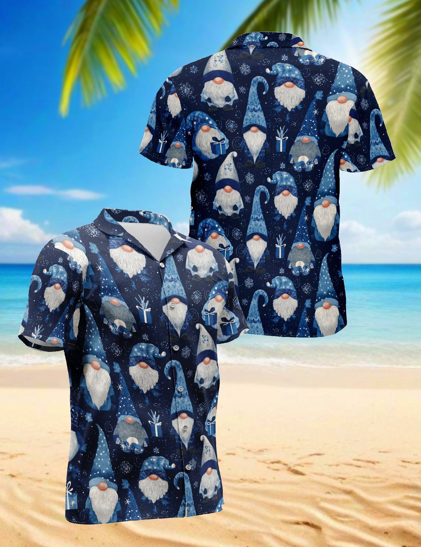 Blue Snow Gnomes Pattern Hawaiian Shirt for Men, Button Down Aloha Shirt - Azhawaiian
