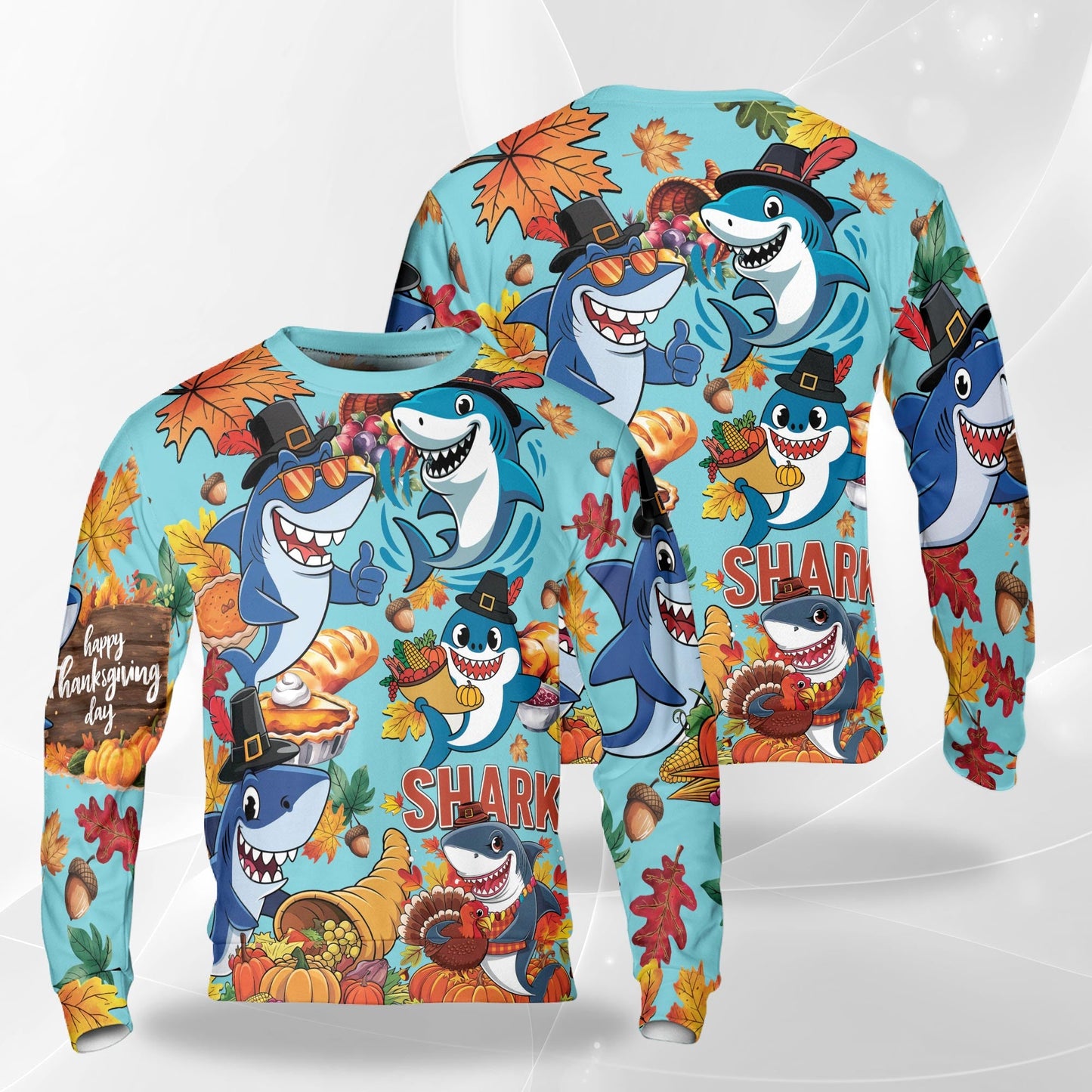 Thanksgiving Shark Sweatshirt – Colorful Graphic 3D All Over Print Design