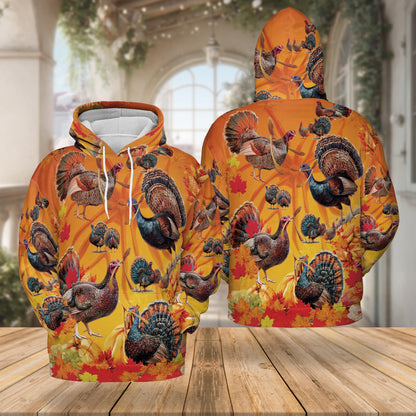 Thanksgiving Turkey All Over Print Hoodie, Autumn Leaves Graphic Design