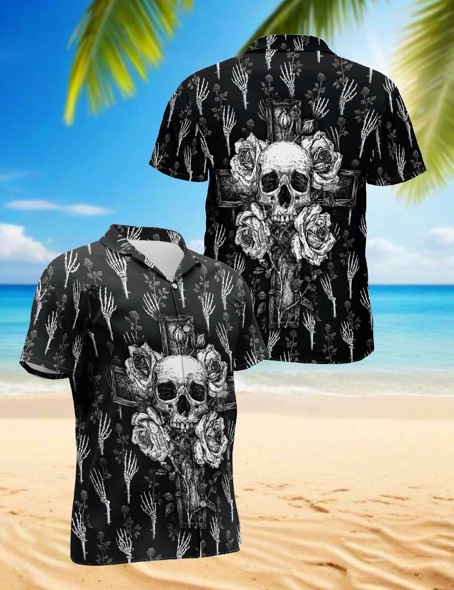 Black And White Skull Roses Hawaiian Shirt for Men, Button Down Aloha Shirt - Azhawaiian