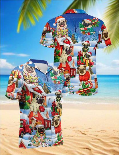 Funny Pug Christmas Hawaiian Shirt for Men, Button Down Aloha Shirt - Azhawaiian