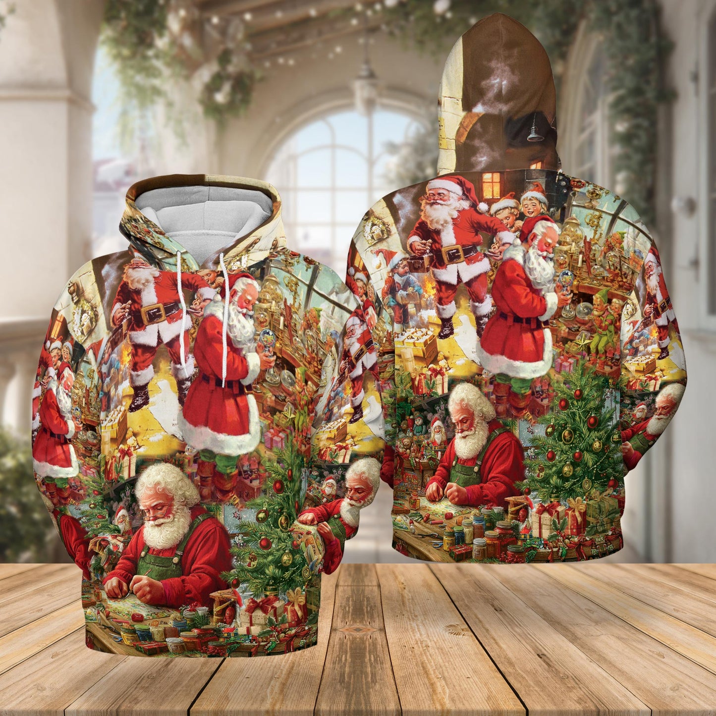 Santa Claus Christmas All Over Print Hoodie, Festive Holiday Graphic Design