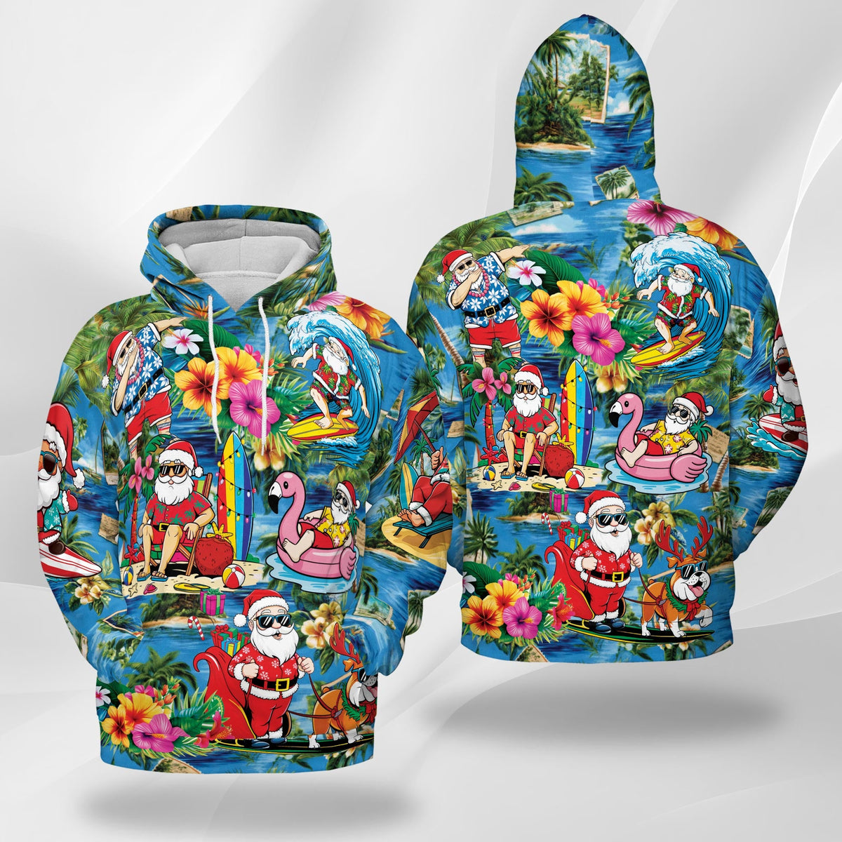 Christmas Santa Claus On The Beach All Over Print Hoodie, Graphic Design