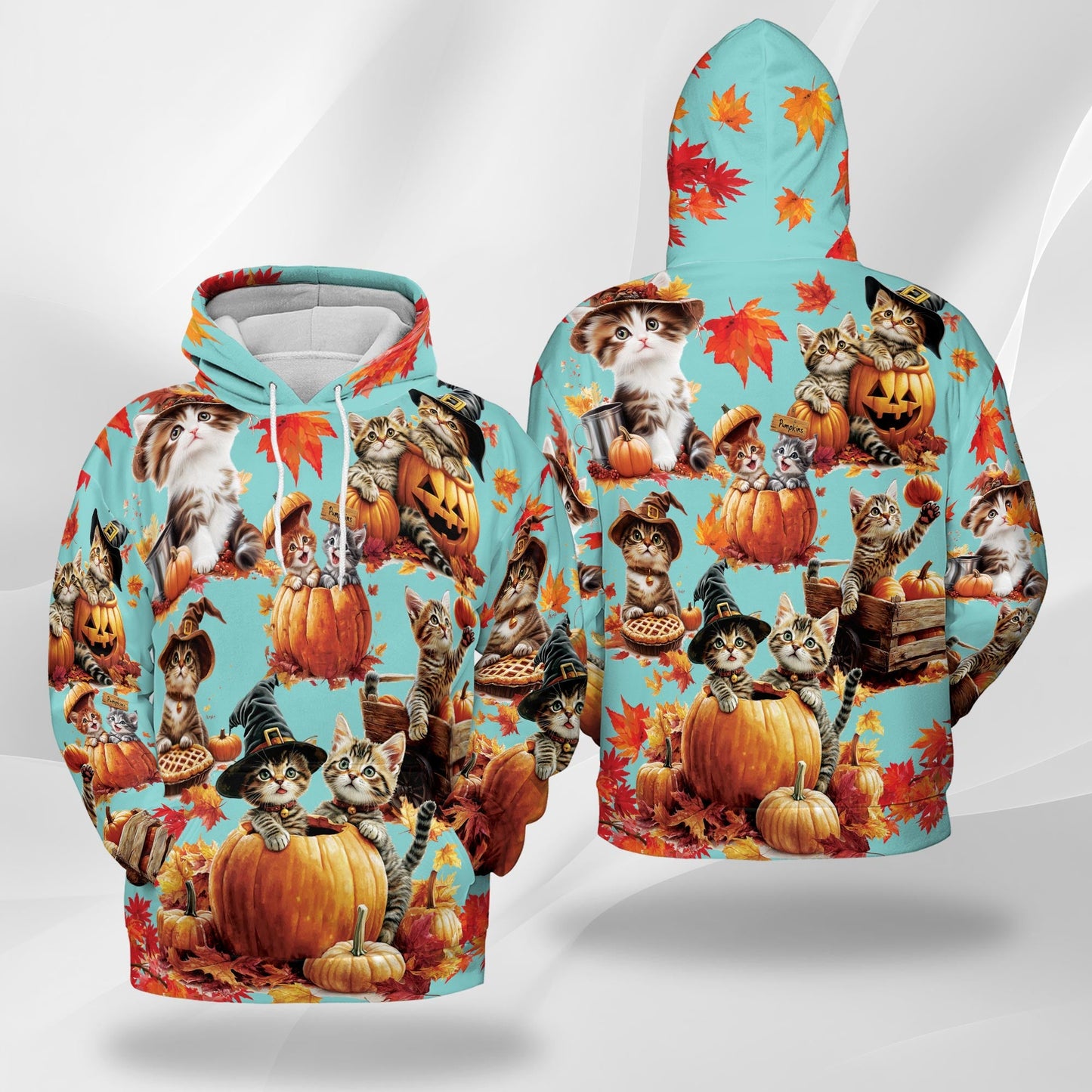 Cat Pumpkin All Over Print Hoodie, Cute Kitten Halloween Holiday Graphic Design