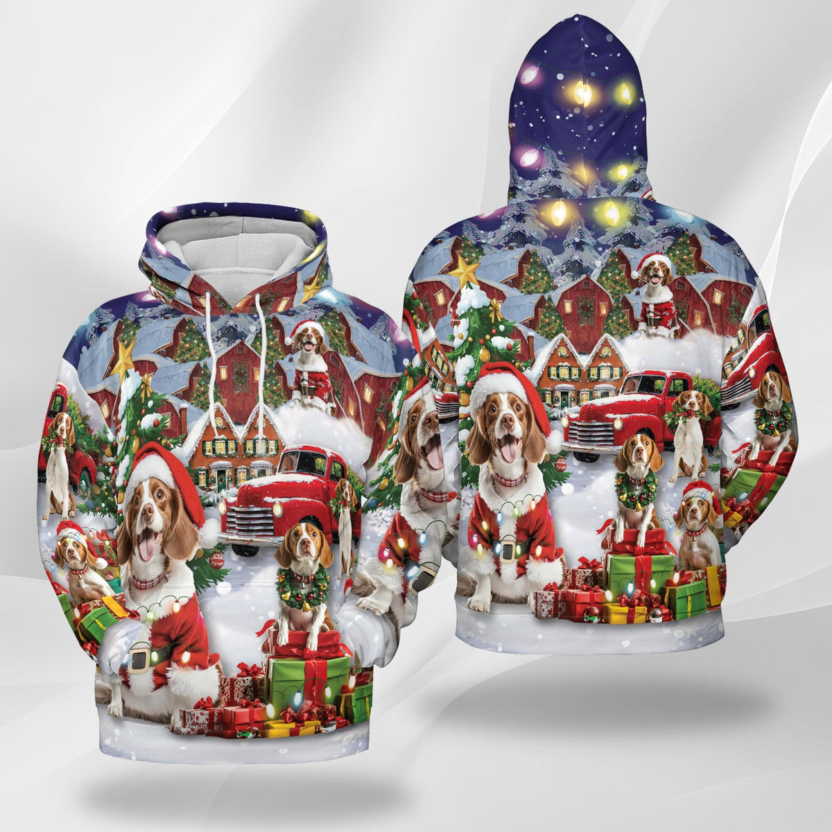 Brittany Spaniel Christmas All Over Print Hoodie, Festive Dog Graphic Design