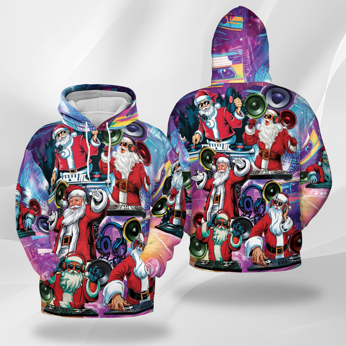DJ Santa Claus Christmas All Over Print Hoodie, Music Party Graphic Design