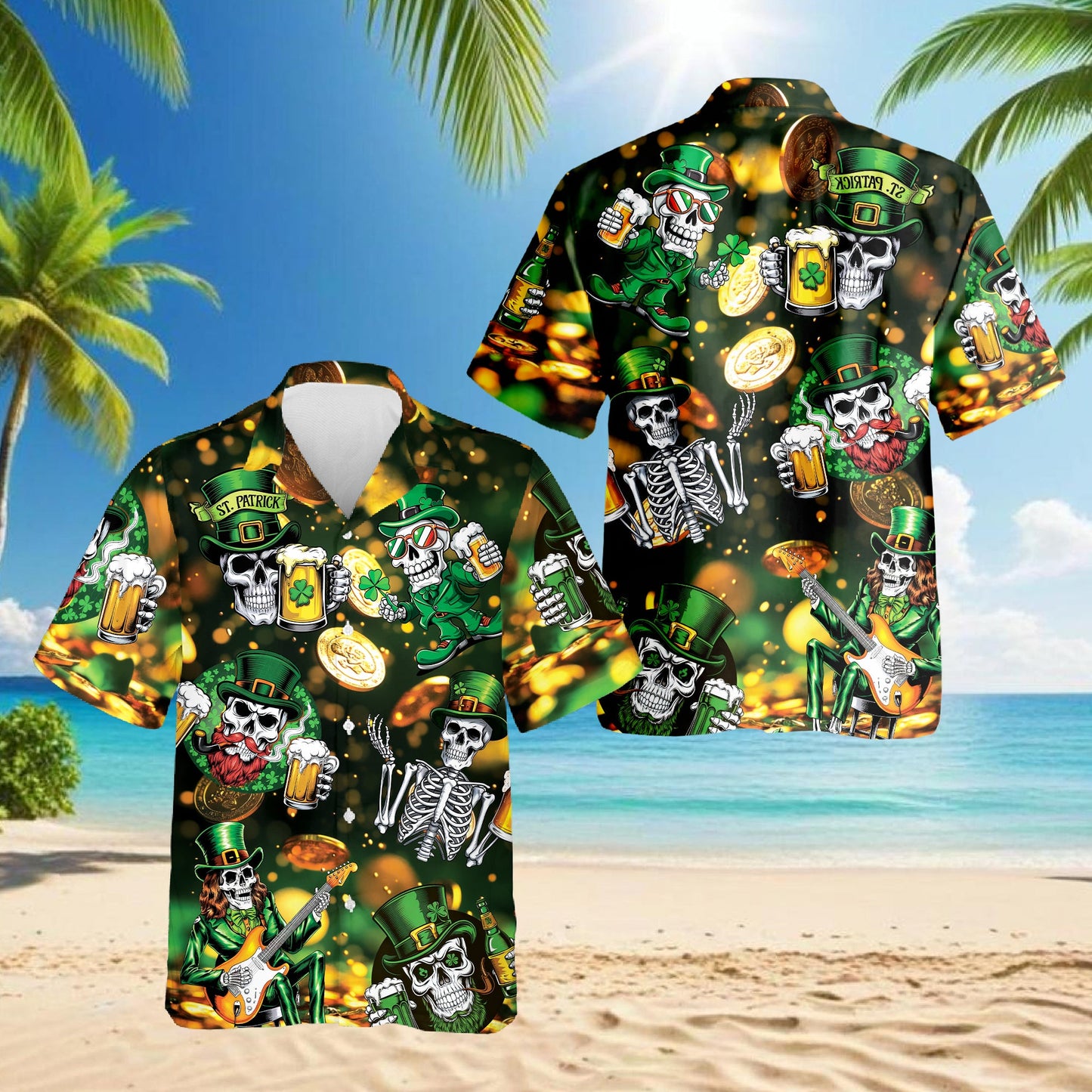 St Patrick's Day Skull Beer Hawaiian Shirt for Men, Button Down Aloha Shirt - Azhawaiian