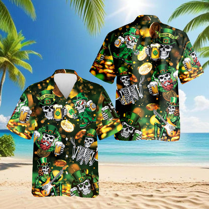 St Patrick's Day Skull Beer Hawaiian Shirt for Men, Button Down Aloha Shirt - Azhawaiian