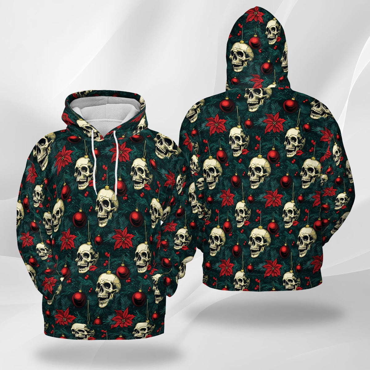 Skull Christmas All Over Print Hoodie, Gothic Holiday Ornament Graphic Design