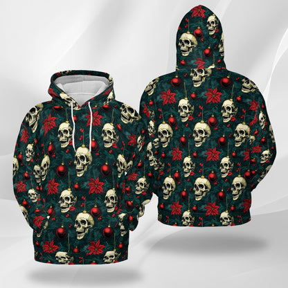 Skull Christmas All Over Print Hoodie, Gothic Holiday Ornament Graphic Design