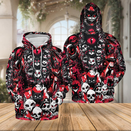 Black Cat UFO Alien Halloween All Over Print Hoodie, Skull Graphic Design