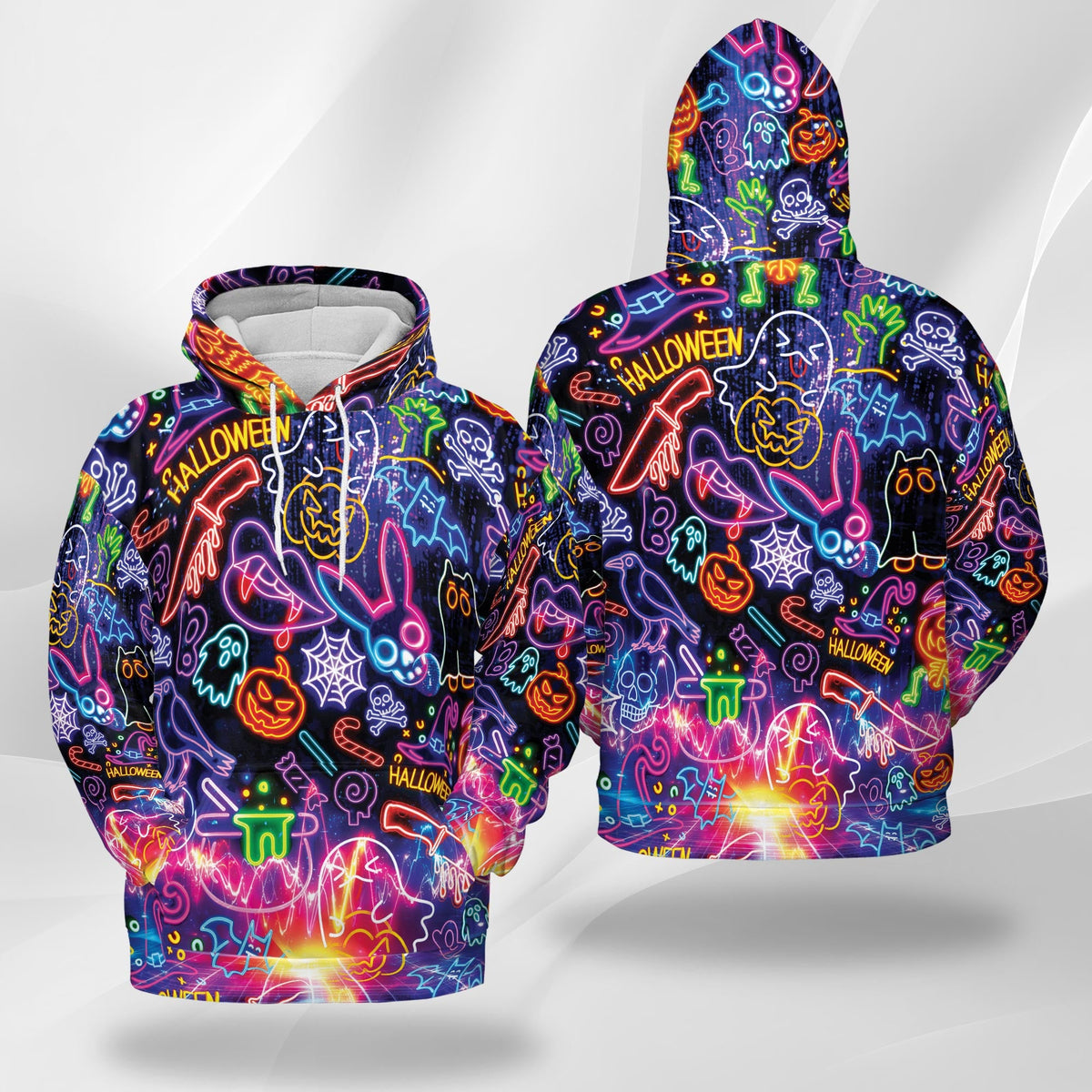 Neon Hawaiian All Over Print Hoodie, Graphic Design Skull Ghost