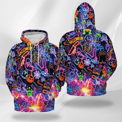 Neon Hawaiian All Over Print Hoodie, Graphic Design Skull Ghost
