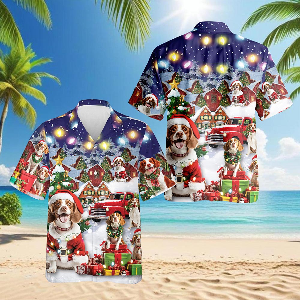 Brittany Spaniel Christmas Hawaiian Shirt for Men, Button Down Aloha Shirt - Azhawaiian