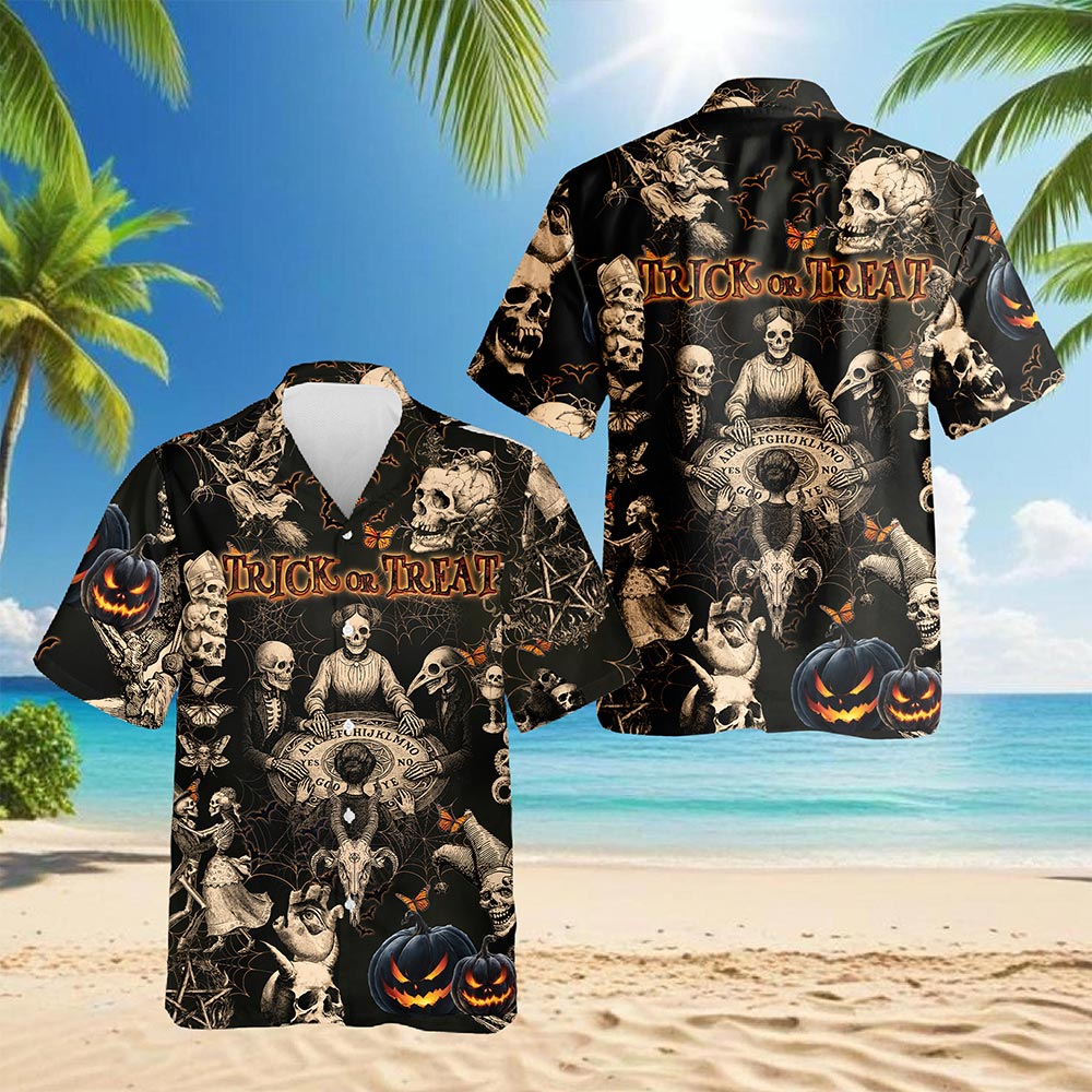 Vintage Skull Halloween Hawaiian Shirt for Men, Button Down Aloha Shirt - Azhawaiian