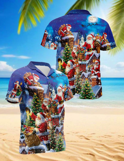 Christmas Rooftop Santa Claus Hawaiian Shirt for Men, Button Down Aloha Shirt - Azhawaiian