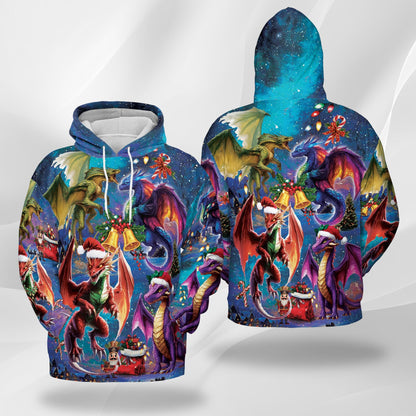 Christmas Dragon All Over Print Hoodie, Fantasy Fire Dragon Graphic Design