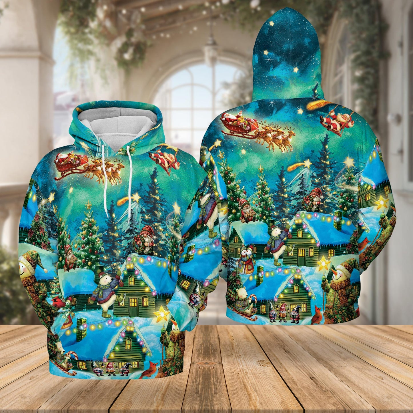 Magical Christmas Night Scene All Over Print Hoodie, Santa Graphic Design