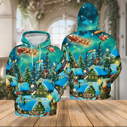 Magical Christmas Night Scene All Over Print Hoodie, Santa Graphic Design
