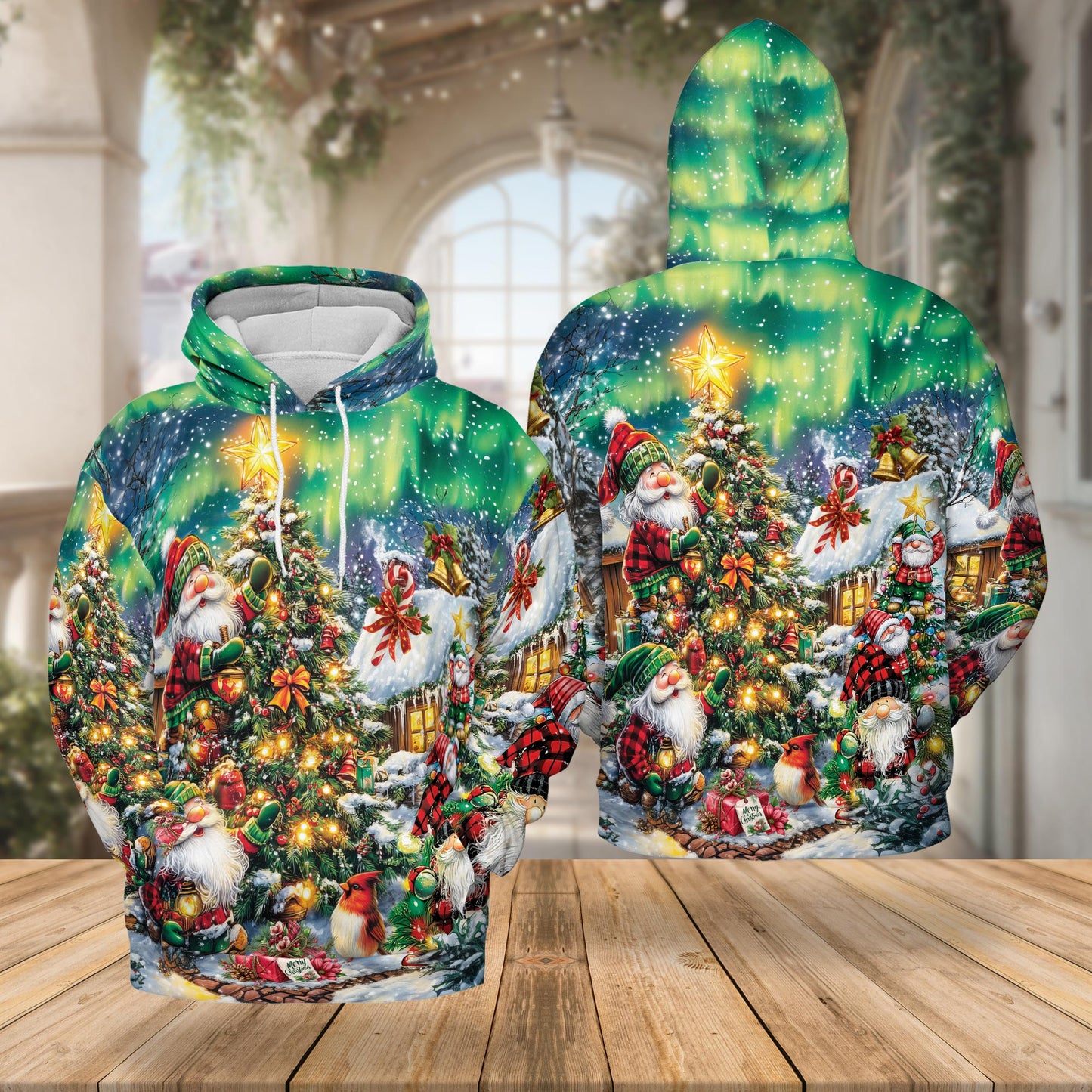 Christmas Gnome All Over Print Hoodie, Funny Santa Xmas Graphic Design