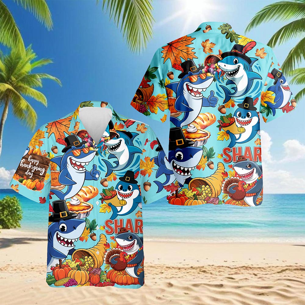 Shark Thanksgiving Hawaiian Shirt for Men, Button Down Aloha Shirt - Azhawaiian