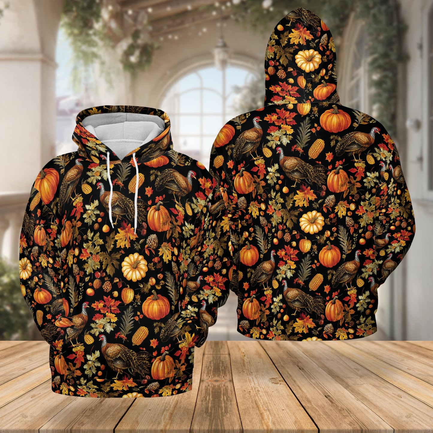 Happy Turkey Day Thanksgiving All Over Print Hoodie, Pumpkin Graphic Design