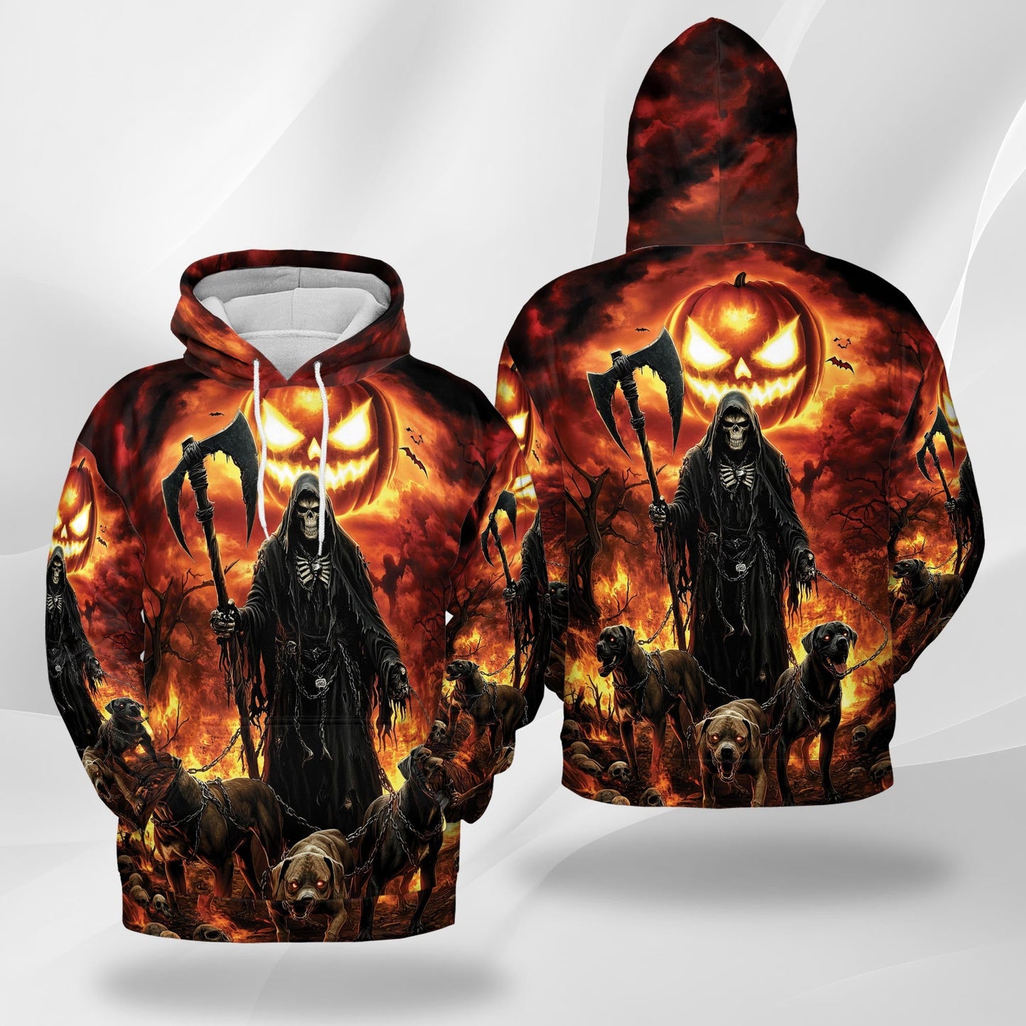 Grim Reaper Halloween All Over Print Hoodie, Graphic Design Dark Hellhound