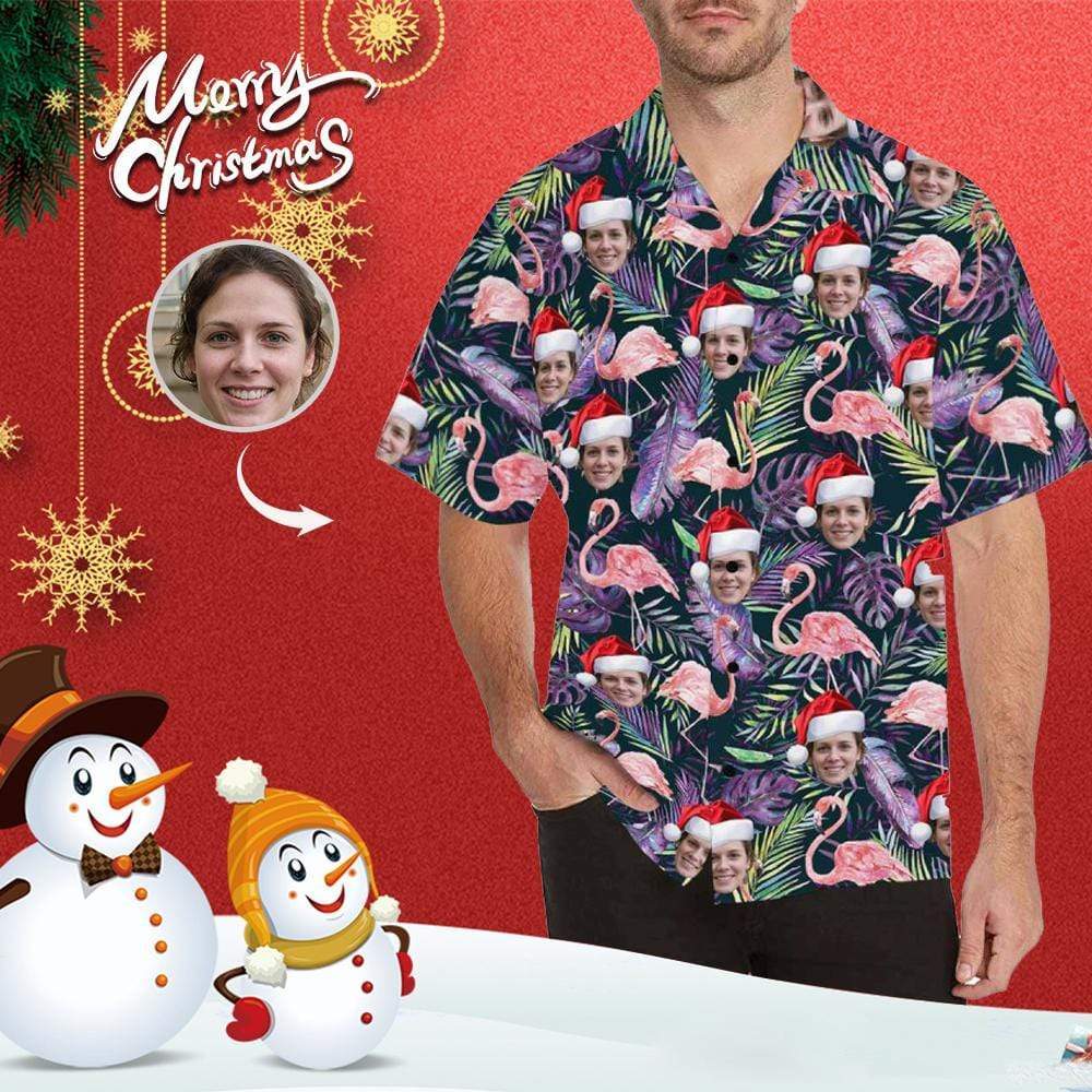 Custom Face Flamingo Christmas Hat Men's All Over Print Hawaiian Shirt